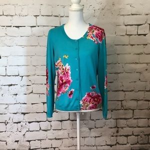 ❤️ Talbots Cardigan Teal with Pink Flowers Size XLP
